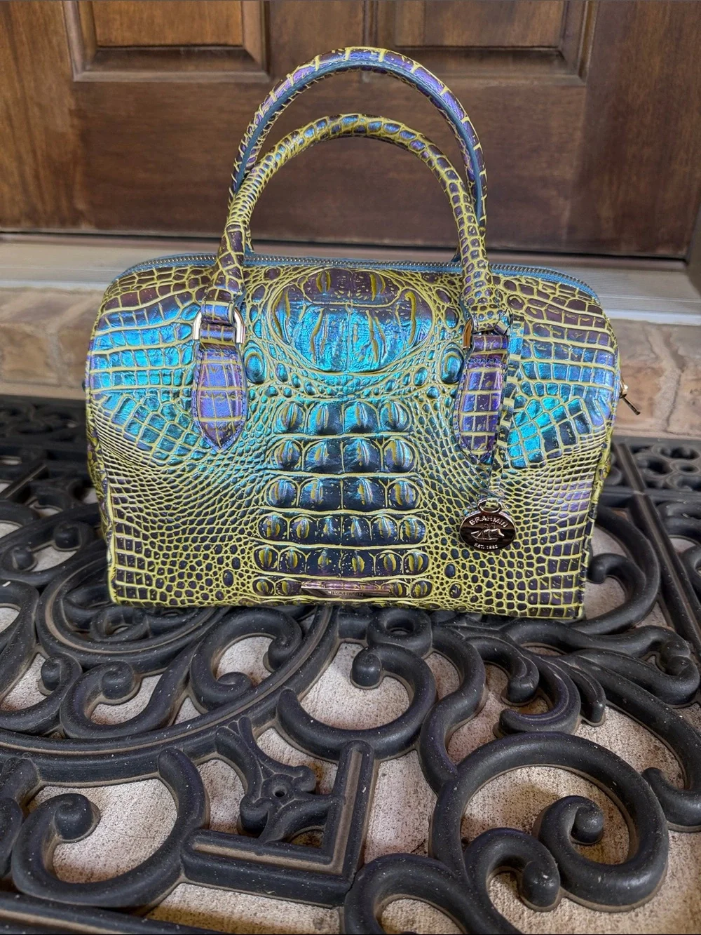 Brahmin Stacy Illuminate Iridescent Croc-Embossed Satchel
